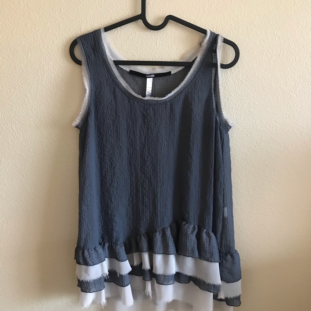 Kensie Fringe Tank Top, Gray& White, Sheer, Size S